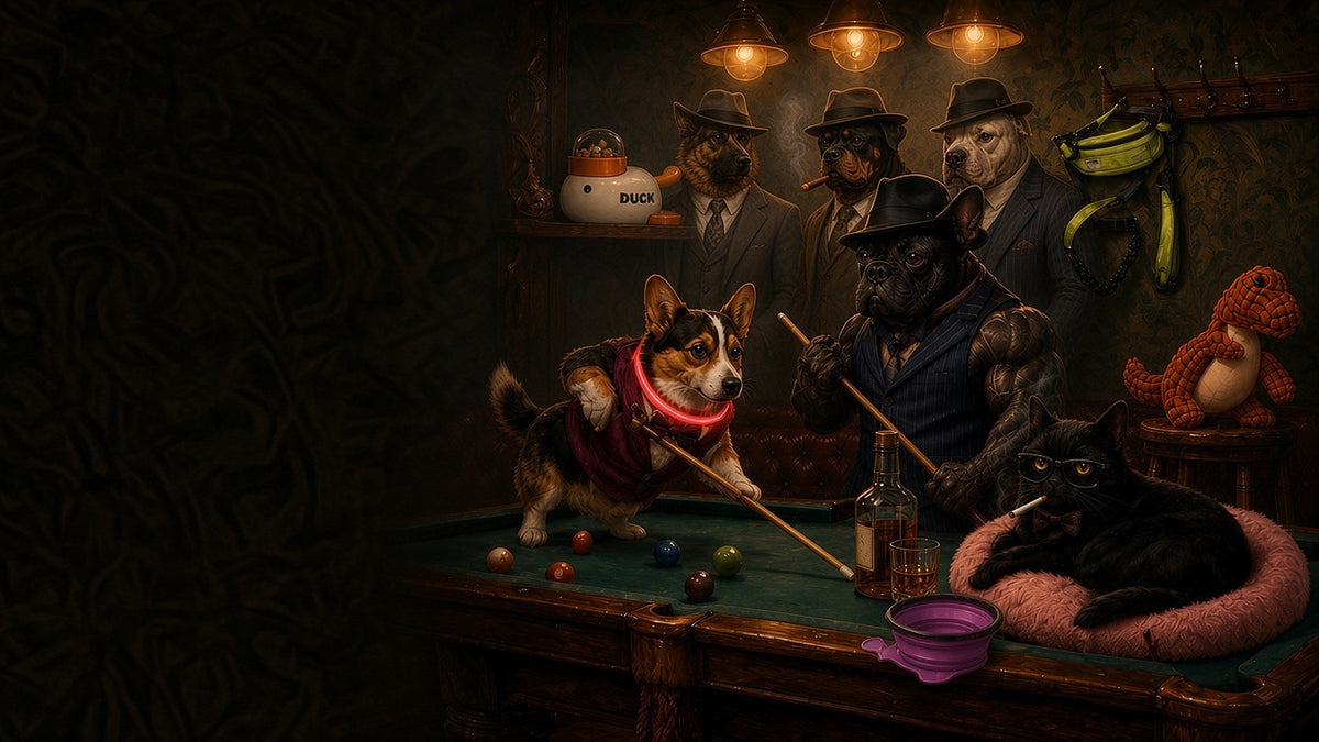 AI-generated painting of the Pinermen crew: a Corgi, a muscular black French Bulldog and a black cat in a vintage pool hall