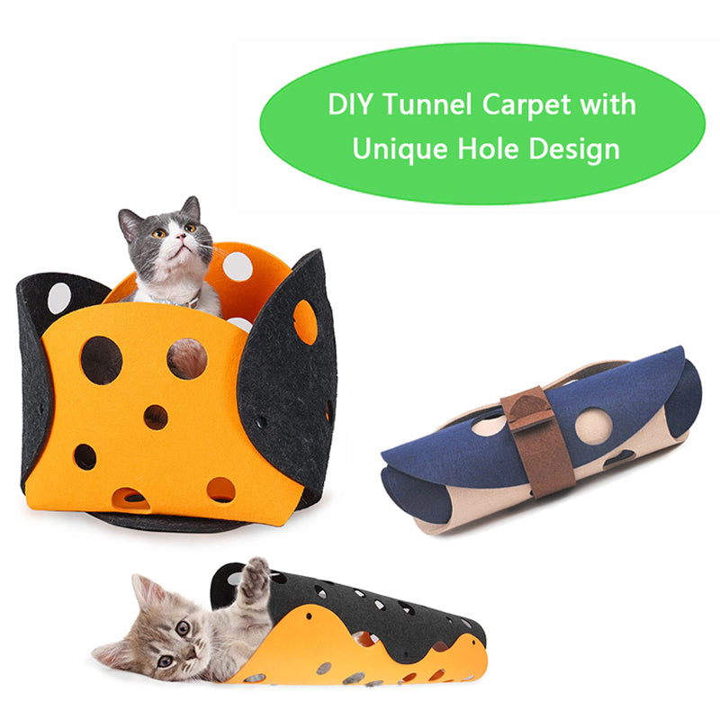 Cat inside the felt tunnel and a cat on the flat play mat