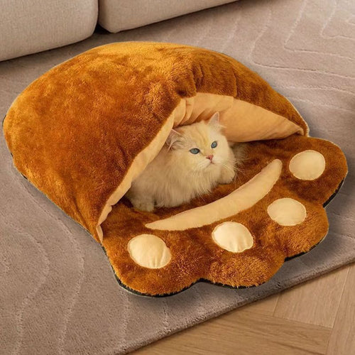 Bear Paw Cat Bed, Plush Semi-Covered Cave