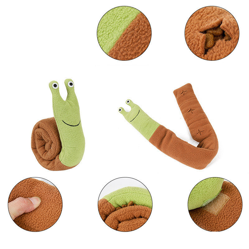 Snail snuffle toy unrolled, showing the hidden fleece pockets