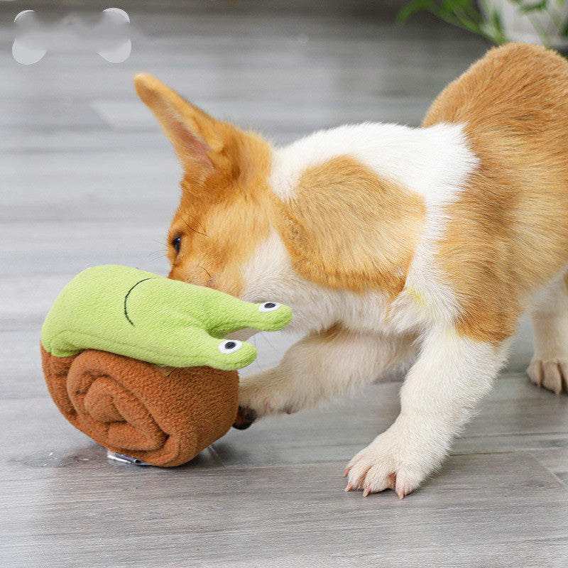 Corgi sniffing the snail snuffle toy on the floor
