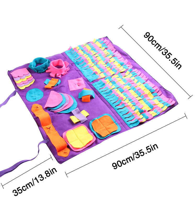 Purple snuffle mat with size dimensions, angled view