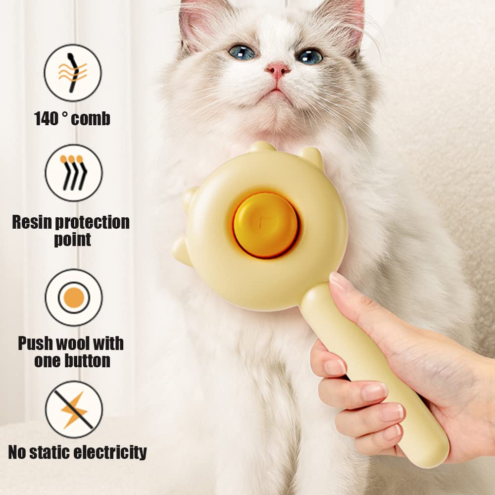 White cat next to the yellow self-cleaning slicker brush with feature icons
