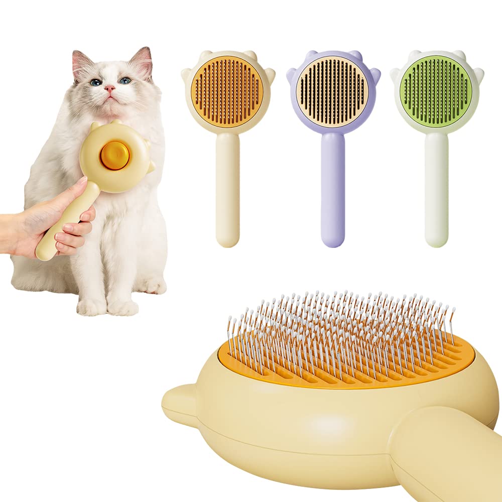 Self-cleaning slicker brushes in yellow, purple and green with a cat
