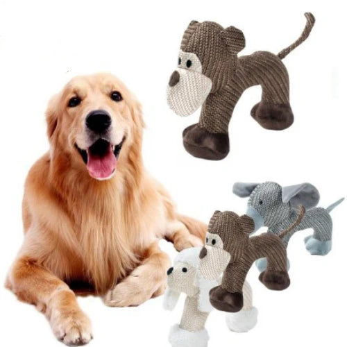 Golden retriever lying beside the three plush animal dog toys
