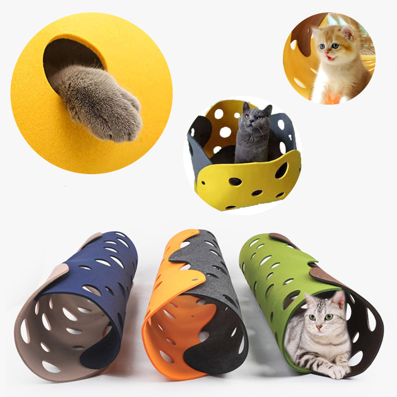 Cats playing in felt cat tunnels with peek holes