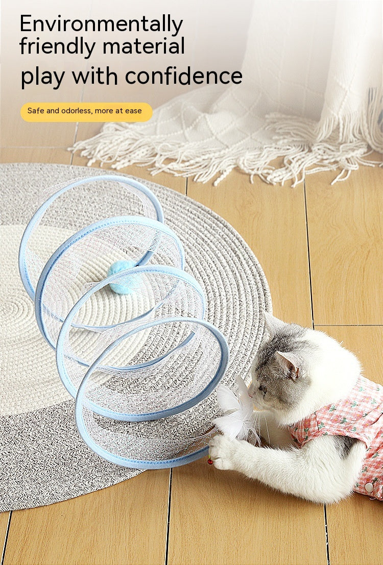 Cat playing beside the blue striped spring tunnel