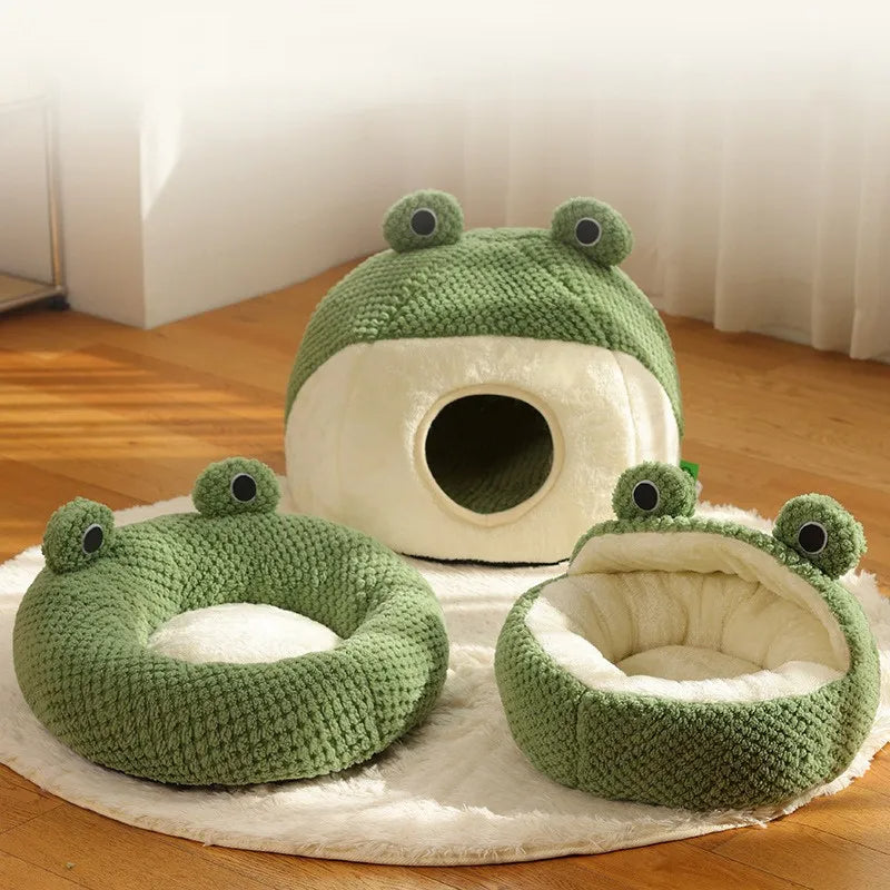 Frog Cat Bed, Cute Plush Cave, Half-Covered or Open Round Bed for Cats
