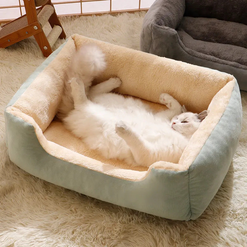 Plush Bolster Bed for Cats and Small Dogs, Rectangle Cuddler with Raised Sides