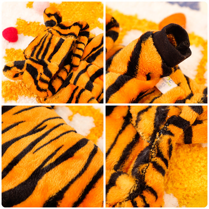 Plush Tiger Dog Hoodie with Ears and Tail, Warm Winter Costume for French Bulldogs and Small Dogs