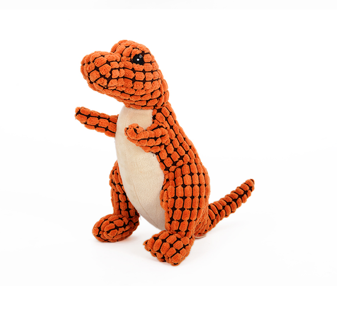 Orange plush dinosaur dog toy