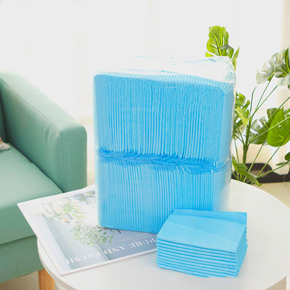 Stack of blue disposable puppy pee pads next to the bag