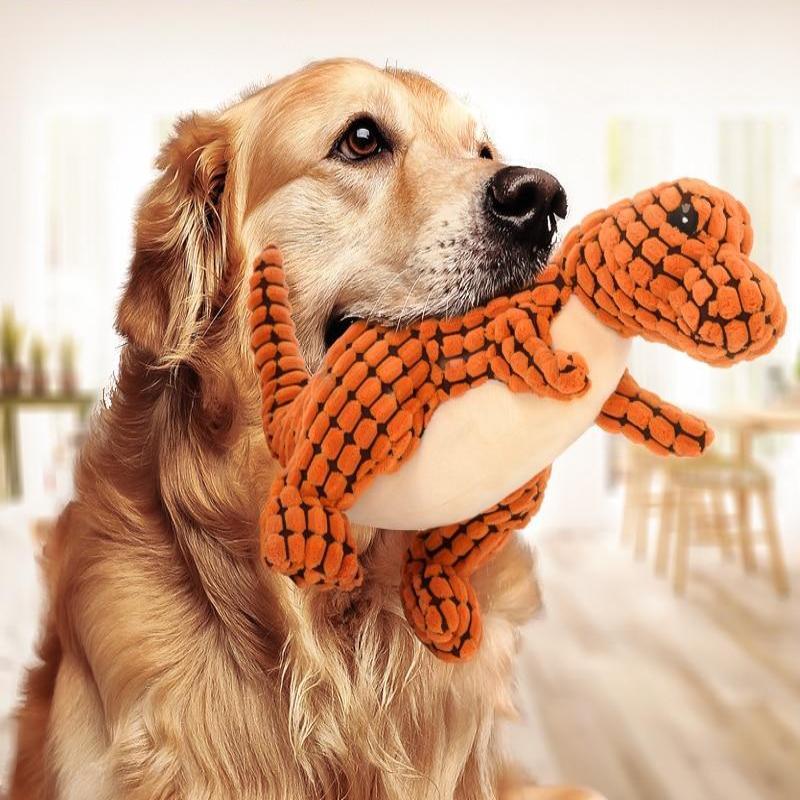 Golden retriever holding the orange squeaky plush dinosaur toy
