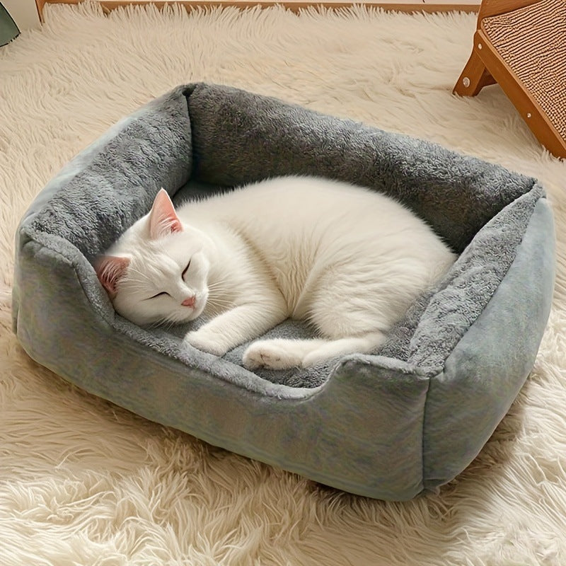 Plush Bolster Bed for Cats and Small Dogs, Rectangle Cuddler with Raised Sides