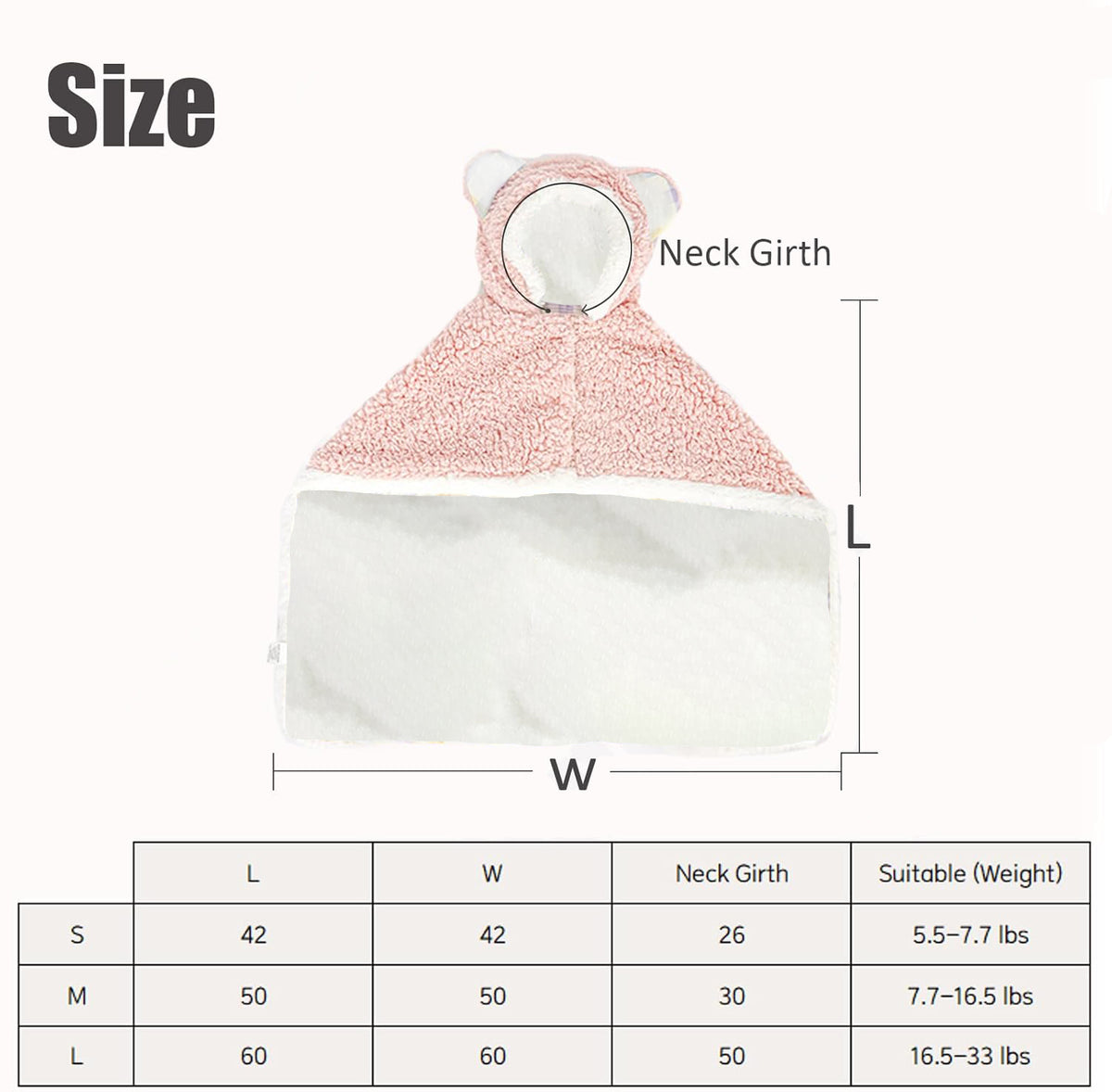 Hooded bear fleece cape size chart