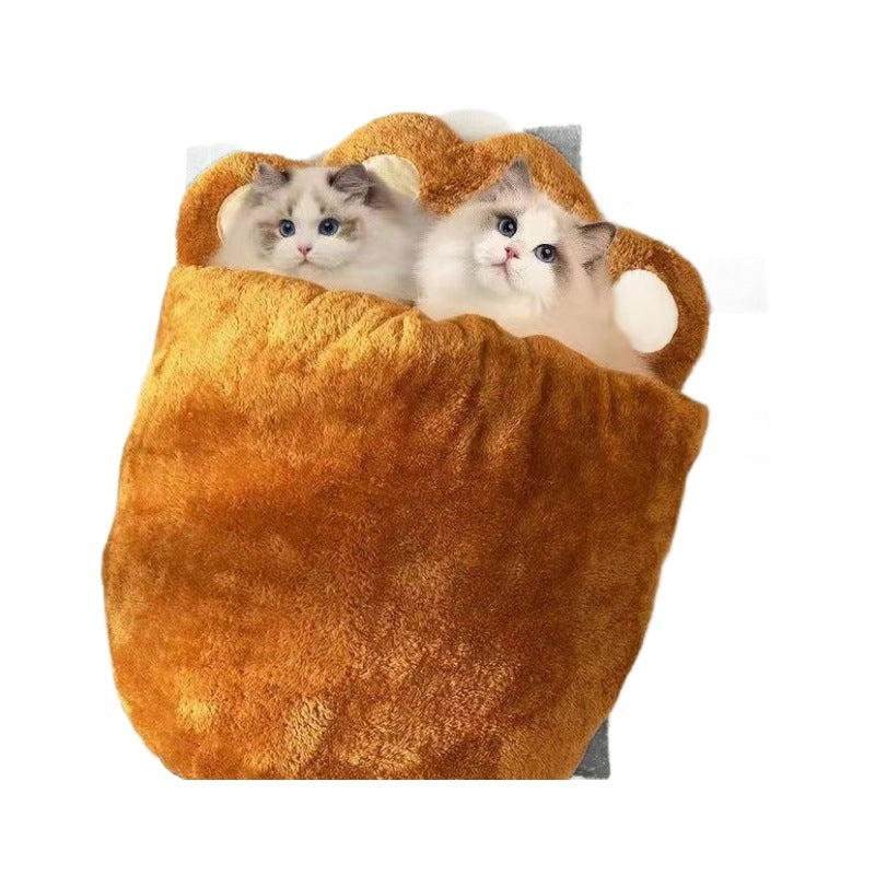 Bear Paw Cat Bed, Plush Semi-Covered Cave