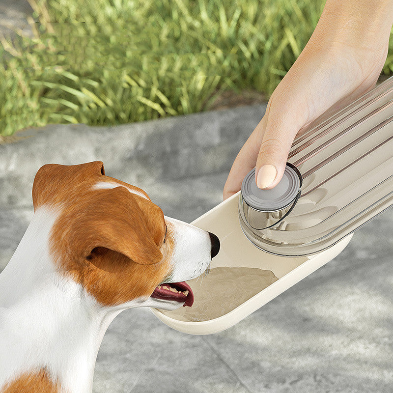 Dog drinking from the travel water bottle tray