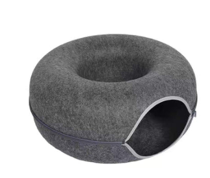 Felt Donut Cat Cave Bed, Tunnel Bed with Zip Halves