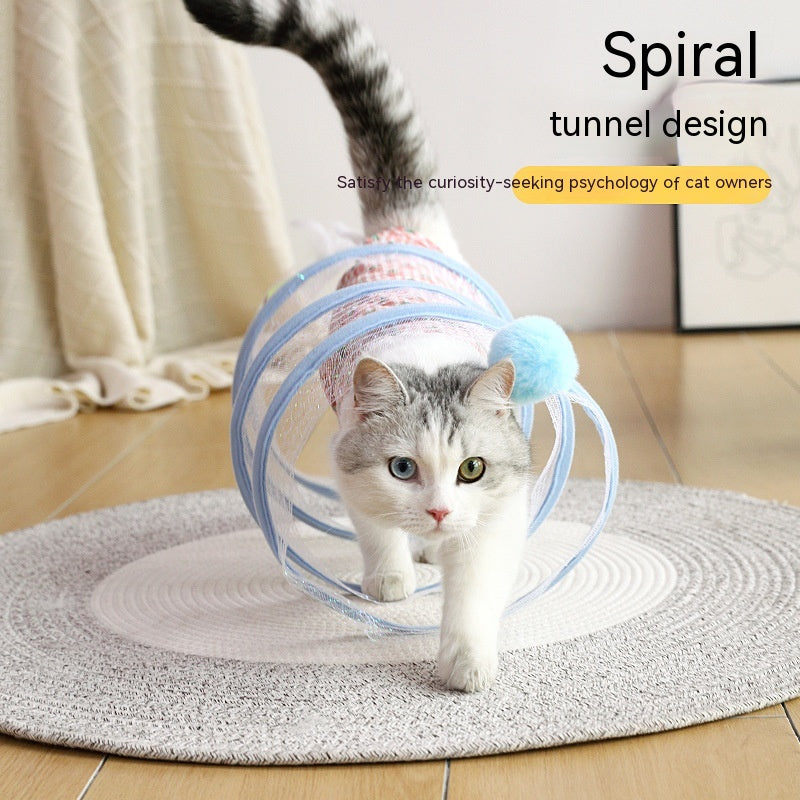Cat walking through the blue striped spring tunnel