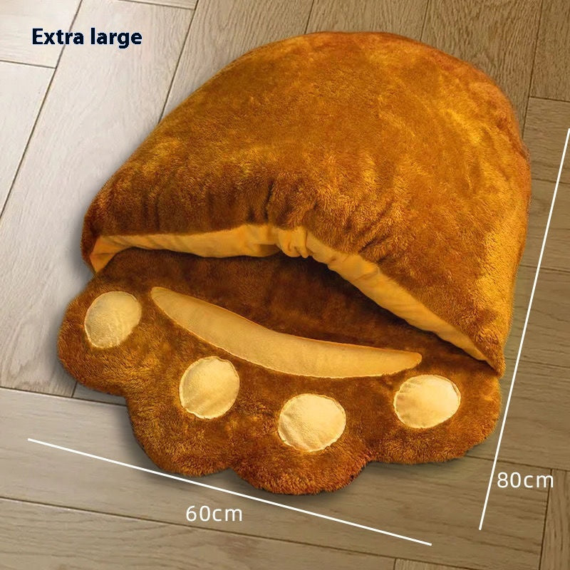 Bear Paw Cat Bed, Plush Semi-Covered Cave