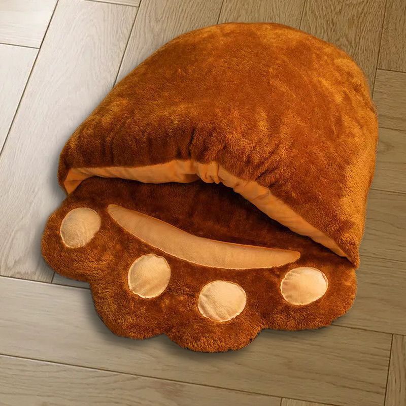 Bear Paw Cat Bed, Plush Semi-Covered Cave