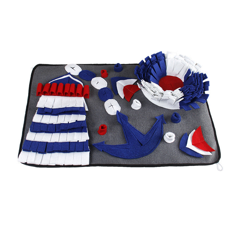 Gray snuffle mat with striped fleece and flower details