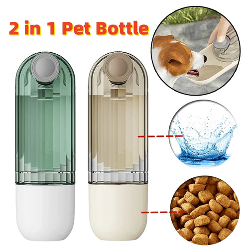 Green and beige 2-in-1 dog water bottles with snack cup and water callouts