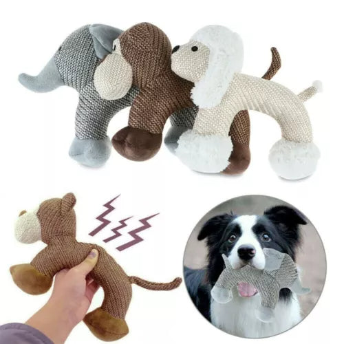 Plush poodle, elephant and monkey dog toys with a squeaker graphic