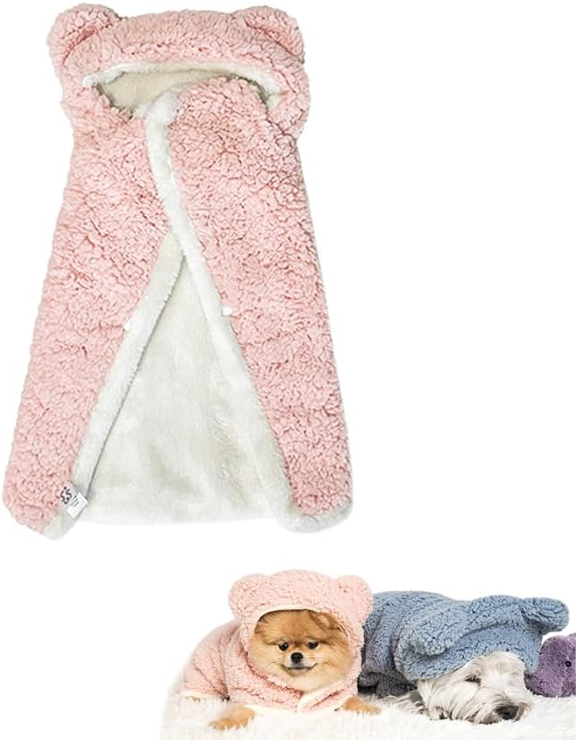 Pink hooded bear fleece cape for small pets
