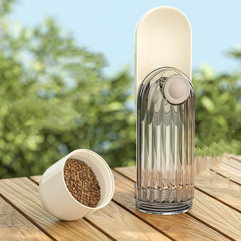 Travel water bottle with the snack cup filled with kibble
