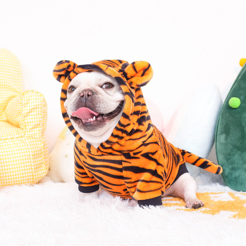 Plush Tiger Dog Hoodie with Ears and Tail, Warm Winter Costume for French Bulldogs and Small Dogs