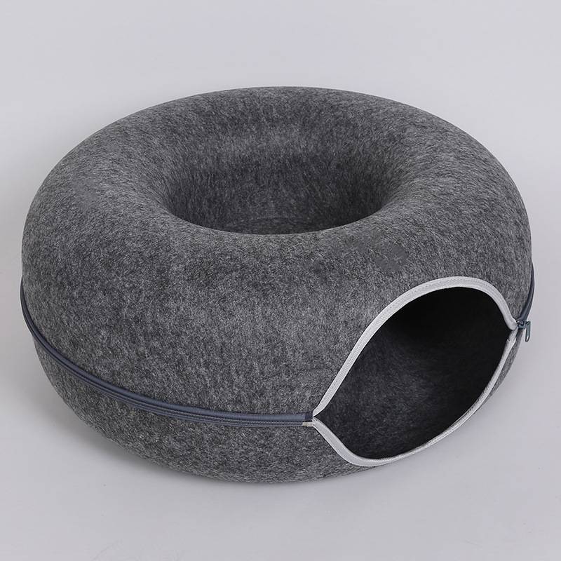 Felt Donut Cat Cave Bed, Tunnel Bed with Zip Halves