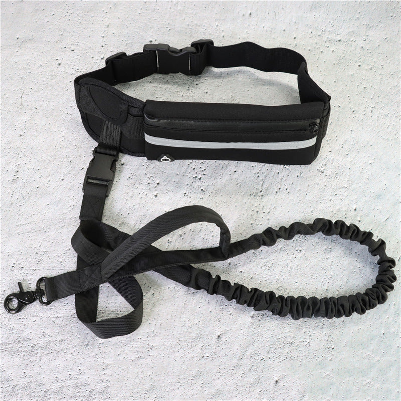 Black hands-free running leash and waist belt laid flat