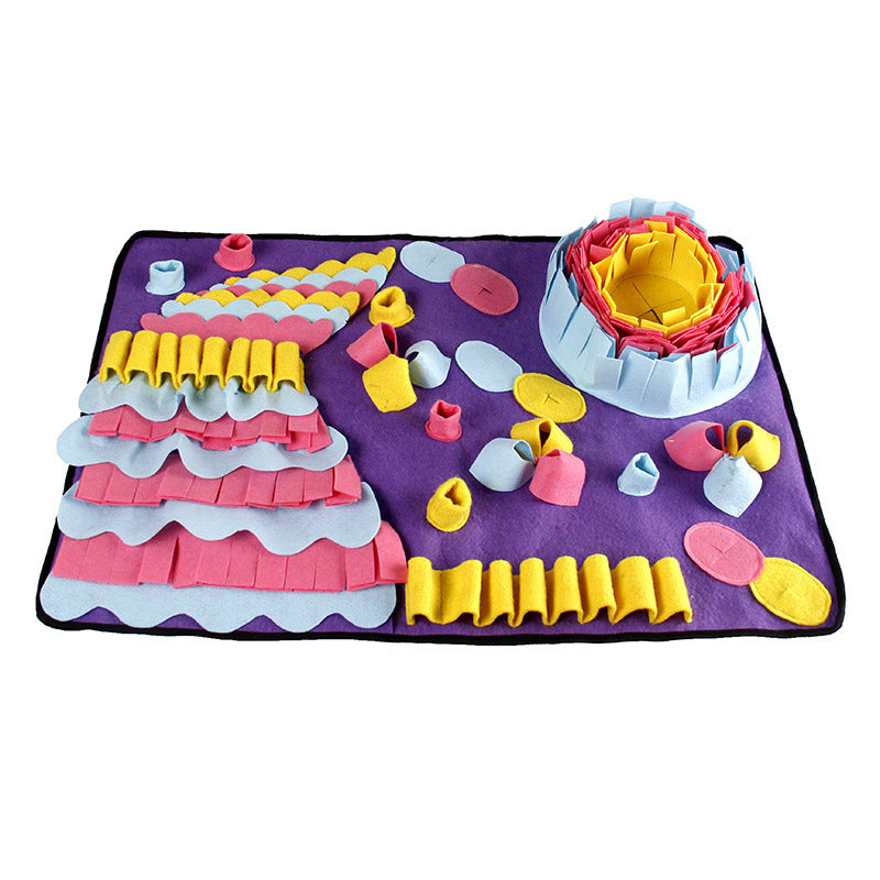 Purple snuffle mat with colorful fleece flaps and strips