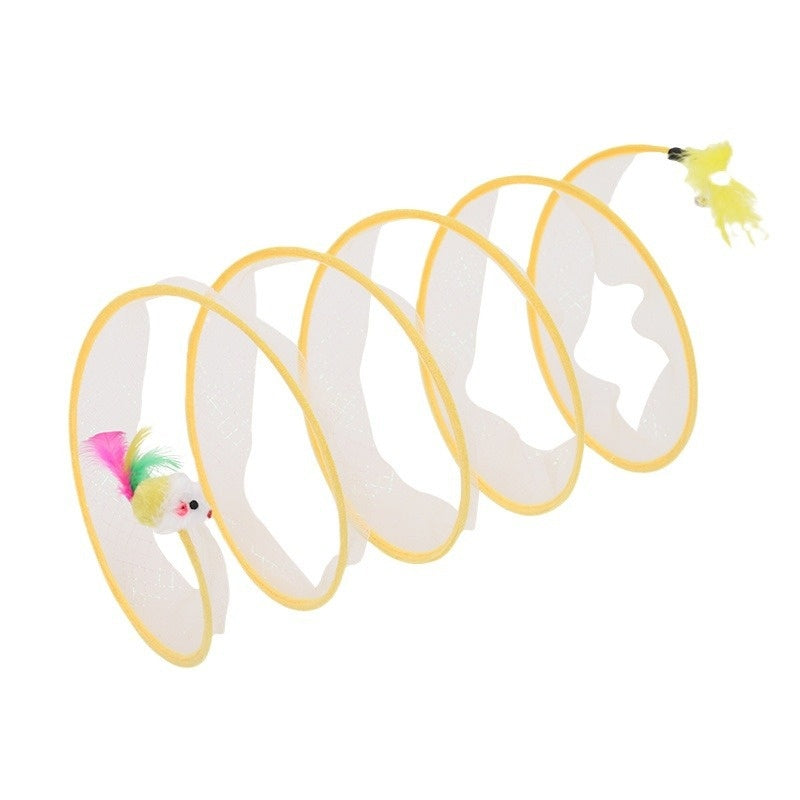 Yellow spring cat tunnel with a dangling mouse toy