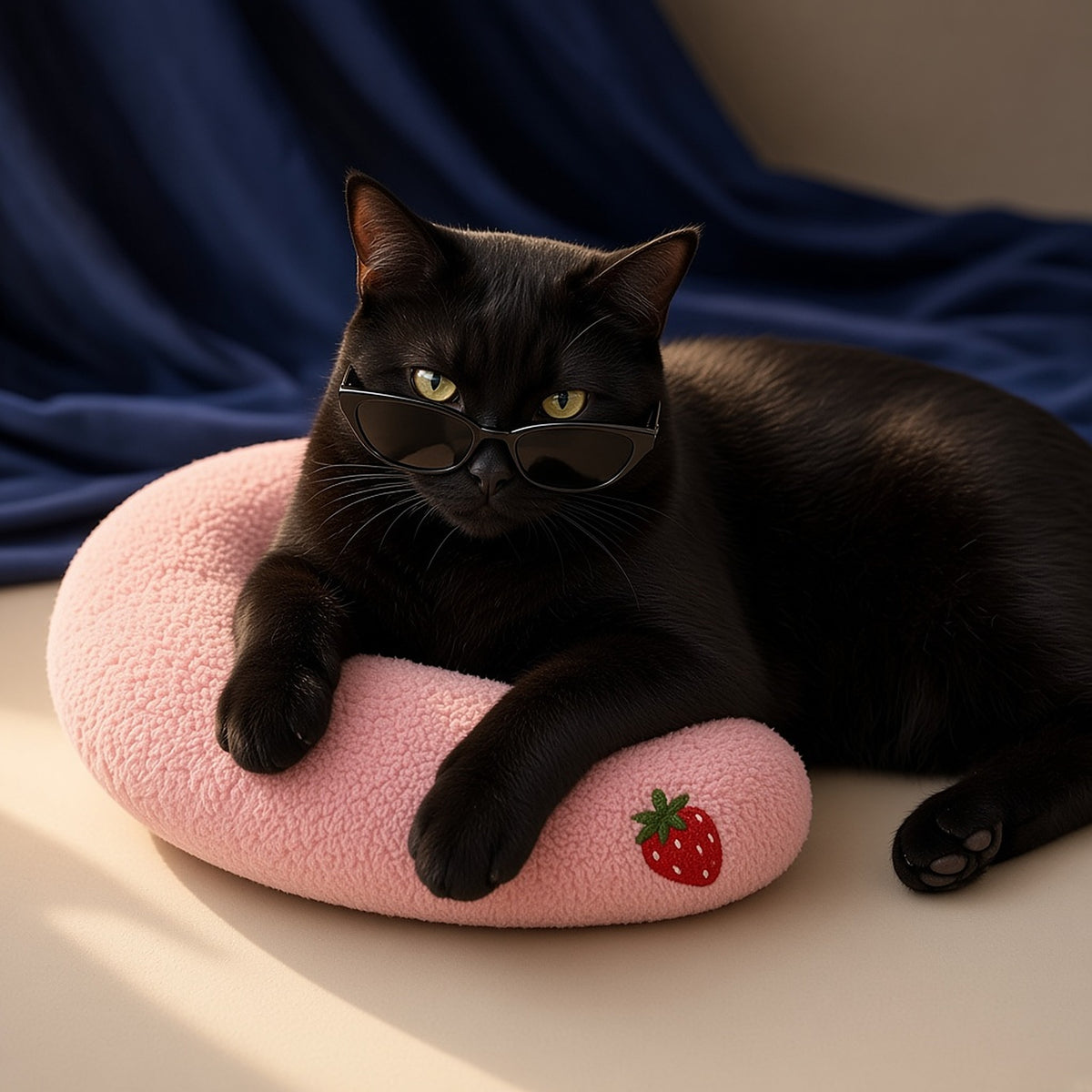 Black cat using the Pinermen little pillow for cats (AI-generated image)