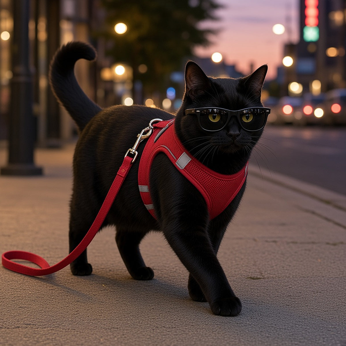 Black cat wearing the Pinermen reflective cat harness and leash set (AI-generated image)