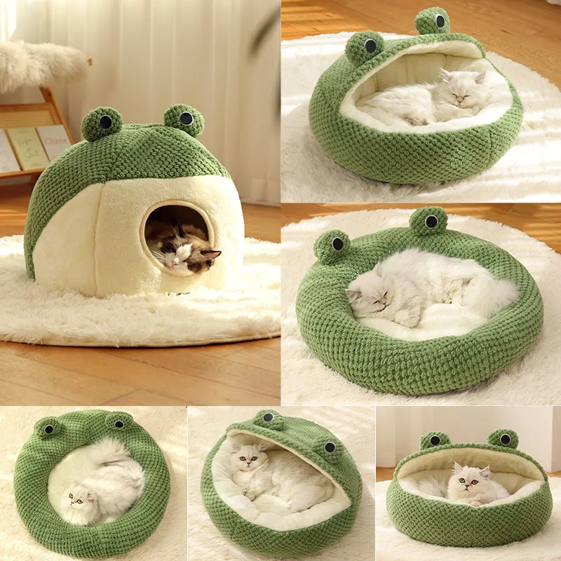 Frog Cat Bed, Cute Plush Cave, Half-Covered or Open Round Bed for Cats