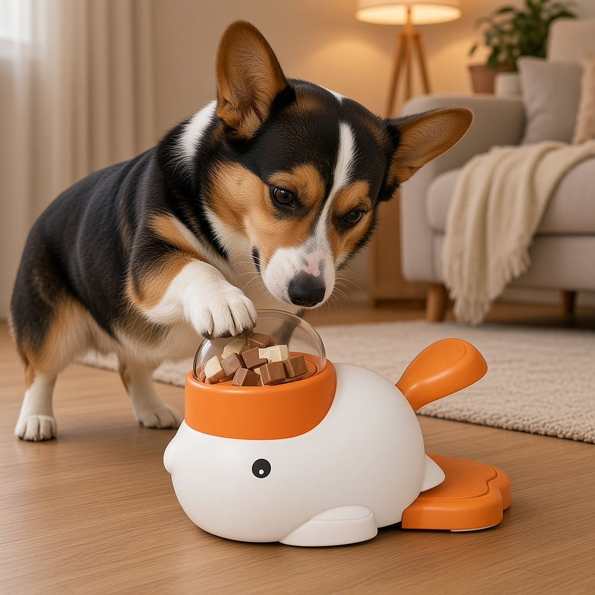 Corgi using the Pinermen interactive duck puzzle feeder (AI-generated image)