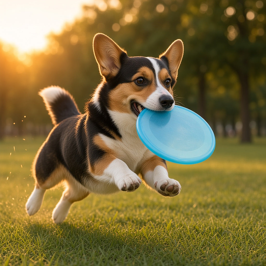 Corgi using the Pinermen soft flying disc (AI-generated image)
