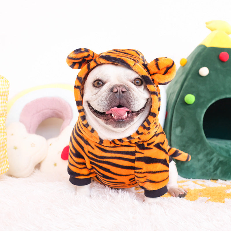 Plush Tiger Dog Hoodie with Ears and Tail, Warm Winter Costume for French Bulldogs and Small Dogs