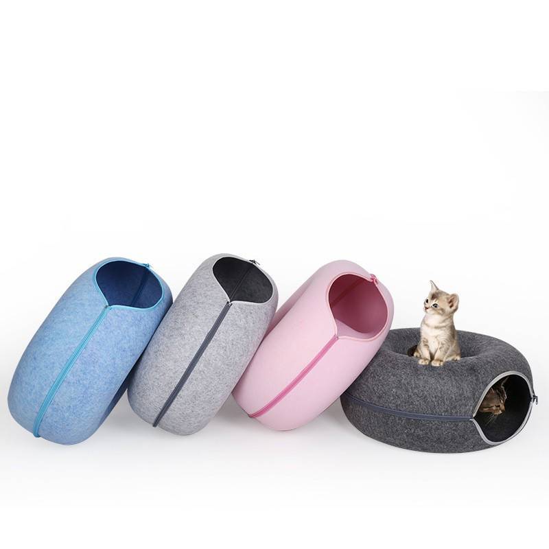 Felt Donut Cat Cave Bed, Tunnel Bed with Zip Halves