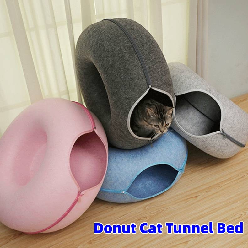 Felt Donut Cat Cave Bed, Tunnel Bed with Zip Halves