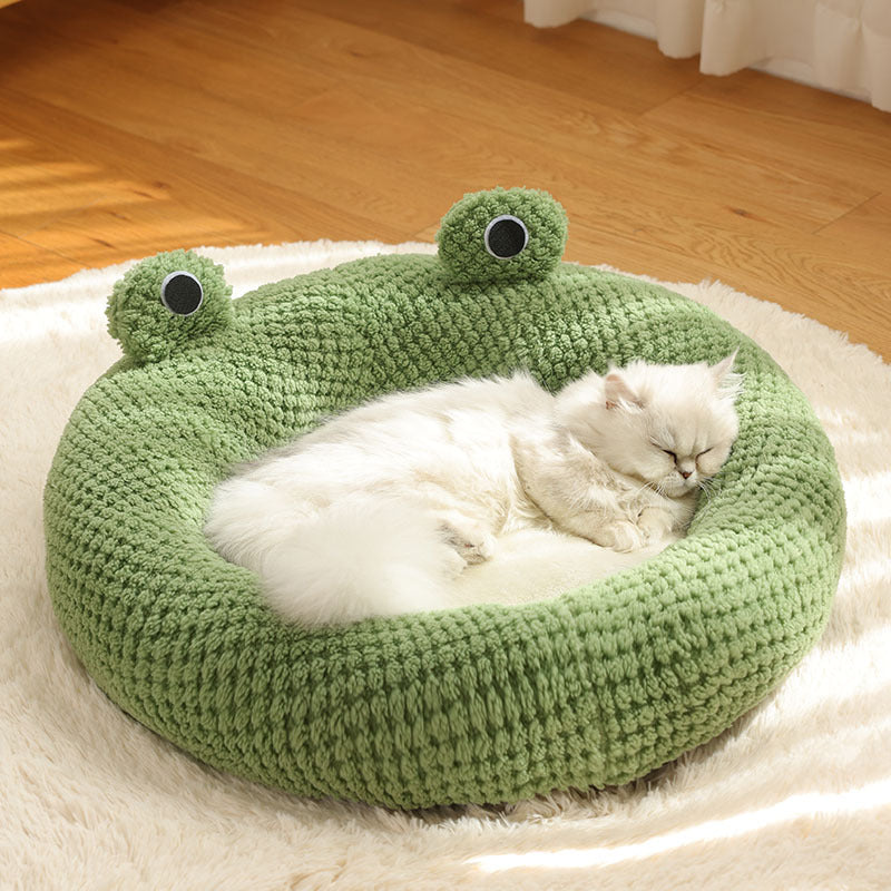 Frog Cat Bed, Cute Plush Cave, Half-Covered or Open Round Bed for Cats