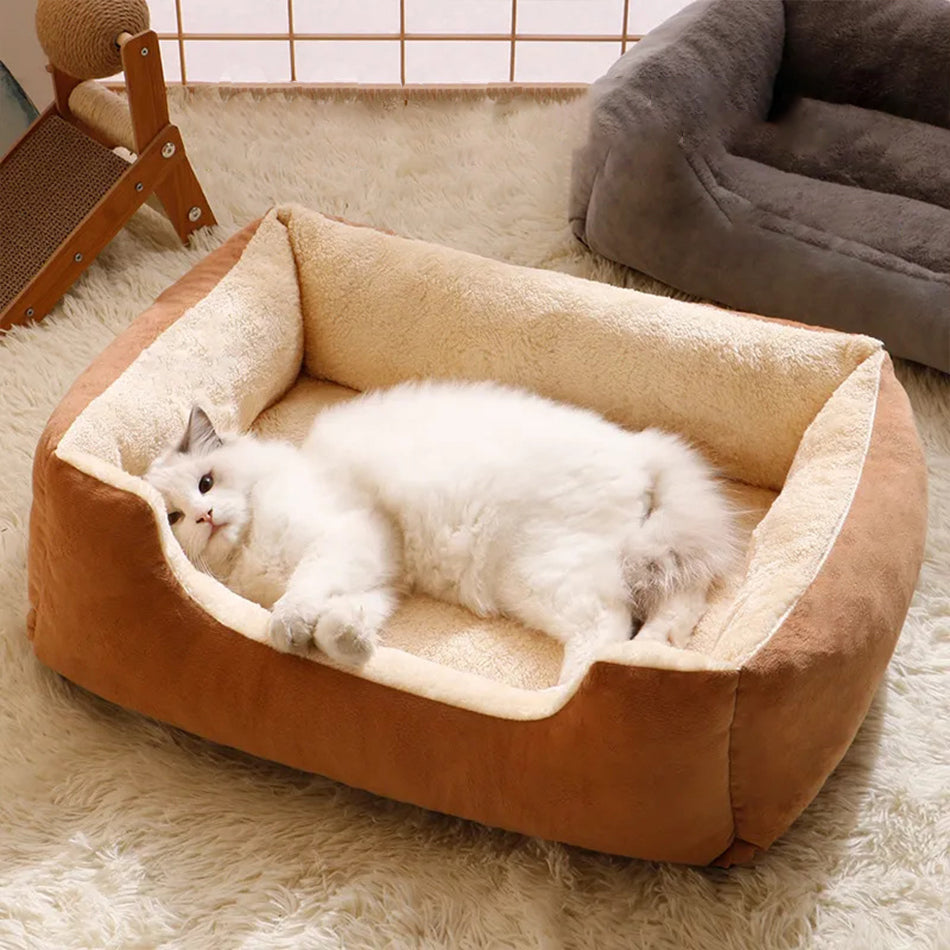 Plush Bolster Bed for Cats and Small Dogs, Rectangle Cuddler with Raised Sides