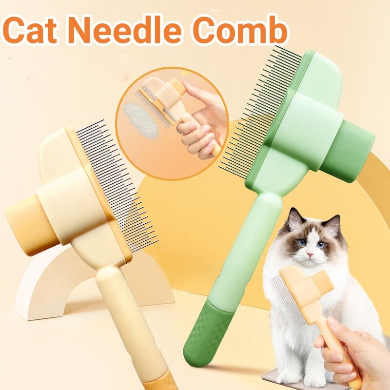 Green and yellow self-cleaning cat combs with a cat