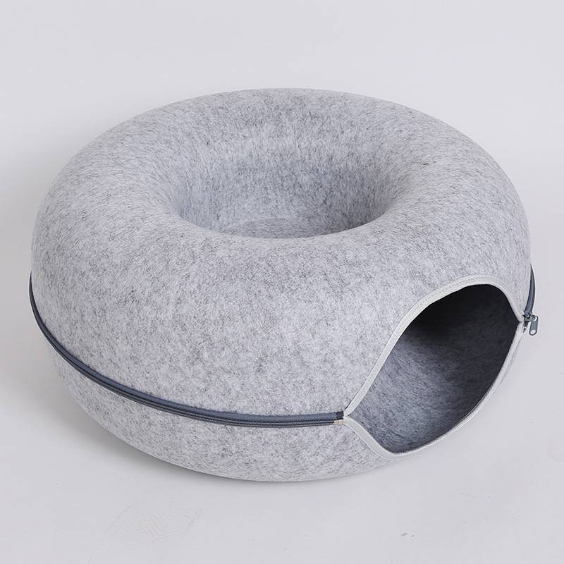 Felt Donut Cat Cave Bed, Tunnel Bed with Zip Halves