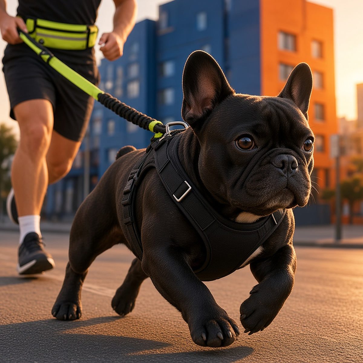 Frenchie using the Pinermen hands-free running leash with waist pack (AI-generated image)