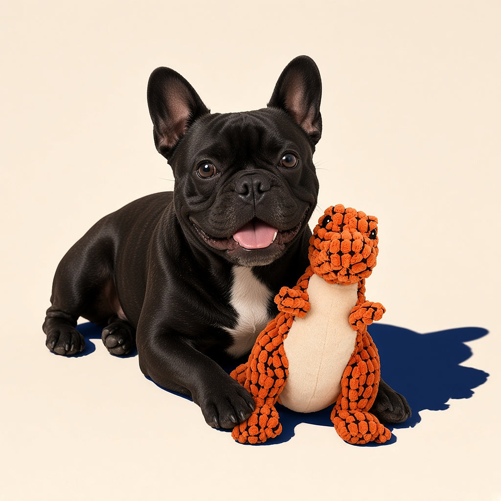 Frenchie with the Pinermen squeaky plush dinosaur dog toy (AI-generated image)