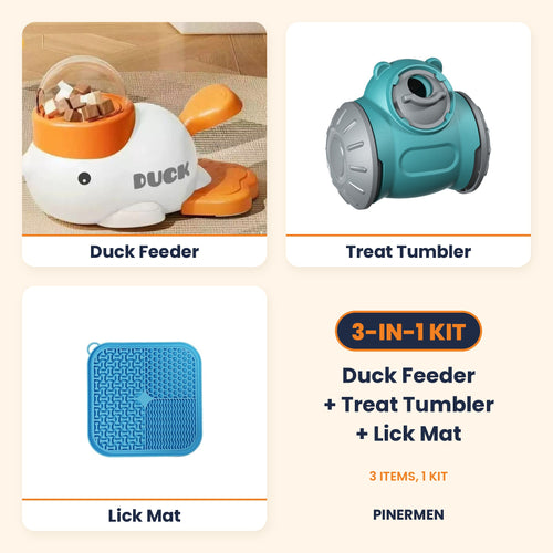 Pinermen 3-in-1 dog enrichment kit: duck puzzle feeder, treat tumbler and blue suction lick mat